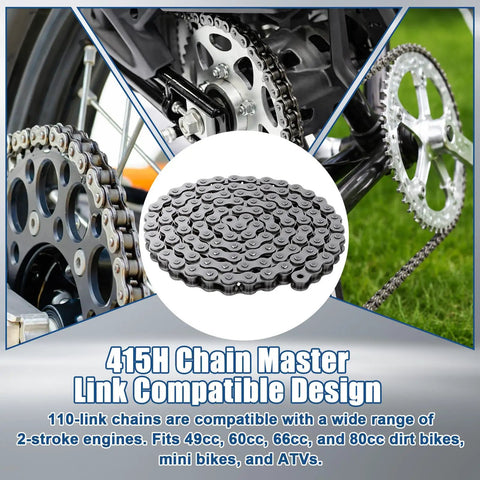 Heavy Duty 415H Motorized Chain, 110L Universal Fit for Dirt Bikes, Pit Bikes, ATVs, and Mini Bikes, chain links and detail view
