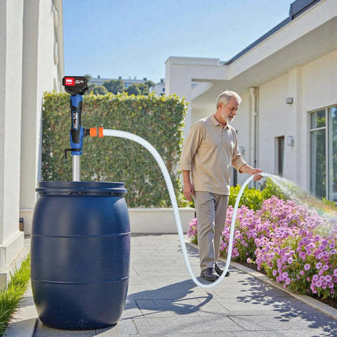 Man using Cordless Stick Water Transfer Pump With 6.5 Ft Extended Hose, Dual 4000mAh 21V Batteries, Makita Compatible, 720 Gallons Per Hour, 32 Ft Head to water flowers.