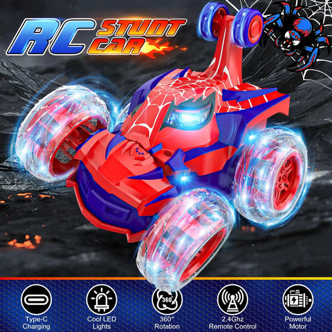 Remote Control Stunt Car With 360 Degree Rotating Action And Wheel Lights 2.4GHz Rechargeable RC Car With Red Spider Design