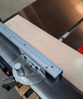 27 Position Precision Miter Gauge With 24 Inch Fence on table saw, showing angle stops and miter bar fitting three quarters by three eighths