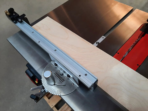 27 Position Precision Miter Gauge With 24 Inch Fence on table saw, showing angle stops and miter bar fitting three quarters by three eighths