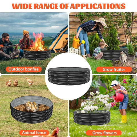 48 Inch Round Galvanized Fire Pit Ring Foldable For Backyard Hangouts And Campfires In Yard Garden Park Or Beach Black Gray Durable Rust Resistant Steel 4 Ft Diameter 1 Ft Tall shown in four uses including bonfire and gardening.