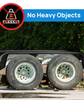 Detachable Trailer Fenders For Double Axle Trailers Fits 13 To 15 Inch Tires, Steel Diamond Tread Plate shown with caution symbol
