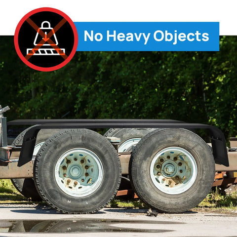 Detachable Trailer Fenders For Double Axle Trailers Fits 13 To 15 Inch Tires, Steel Diamond Tread Plate shown with caution symbol