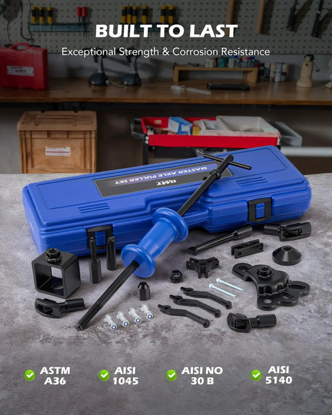 All In One Slide Hammer Puller Kit DIY Ready 22 Piece With One Inch To Two Inch And Seven Eighths Inch Adapters displayed on workbench