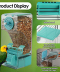 Slick Gravity Feed Bird Feeder Two Pack Clear Acrylic Seed Jar With Hassle Free Drop System And Easy Rinse Basin Keeps Cage Spotless For Budgies And Lovebirds In Bright Blue, featuring a colorful lovebird and detailed feeding system.