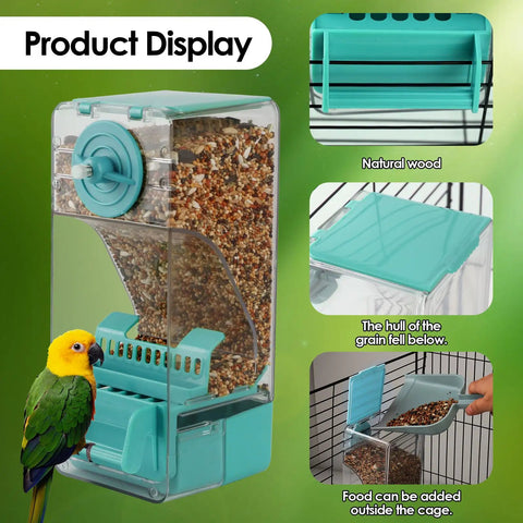Slick Gravity Feed Bird Feeder Two Pack Clear Acrylic Seed Jar With Hassle Free Drop System And Easy Rinse Basin Keeps Cage Spotless For Budgies And Lovebirds In Bright Blue, featuring a colorful lovebird and detailed feeding system.