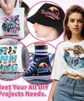 Matte White Sublimation HTV For Dark And Light Cotton Fabrics 12 Inch By 10 Feet Iron On Vinyl For Cotton Tees Works With Sublimation Paper And Printers showcased on various DIY projects including a tote bag, bucket hat, decorative pillow, sneakers, and graphic tee.