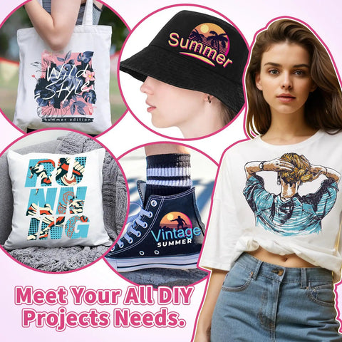 Matte White Sublimation HTV For Dark And Light Cotton Fabrics 12 Inch By 10 Feet Iron On Vinyl For Cotton Tees Works With Sublimation Paper And Printers showcased on various DIY projects including a tote bag, bucket hat, decorative pillow, sneakers, and graphic tee.