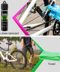 Bike Chain Cleaning Kit With Biodegradable Degreaser, Chain Lube application, cleaning bike, and included towel.