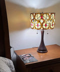 Tiffany Style Floral Glass Table Lamp With Amber Glow Cozy Vintage Vibe Yellow Stained Glass Shade Banker Inspired Nightstand Light 21 Inch Tall Centerpiece For Living Room Or Bedroom