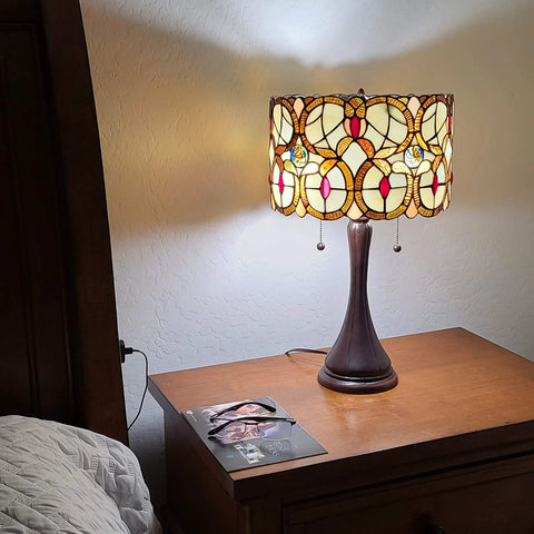 Tiffany Style Floral Glass Table Lamp With Amber Glow Cozy Vintage Vibe Yellow Stained Glass Shade Banker Inspired Nightstand Light 21 Inch Tall Centerpiece For Living Room Or Bedroom