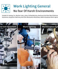 Work lighting for sewing, machine tools, lathes, drilling machines and maintenance applications in harsh environments