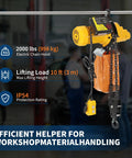 Super Heavy Duty 2200 Lbs Electric Chain Hoist With 20 Ft Lifting Height, Rock Solid 1 Ton Winch For Garage And Shop Work Using 110V Power To Get Jobs Done Fast No Hassle, showing 2000 lbs hoist, 10 ft lift, IP54.
