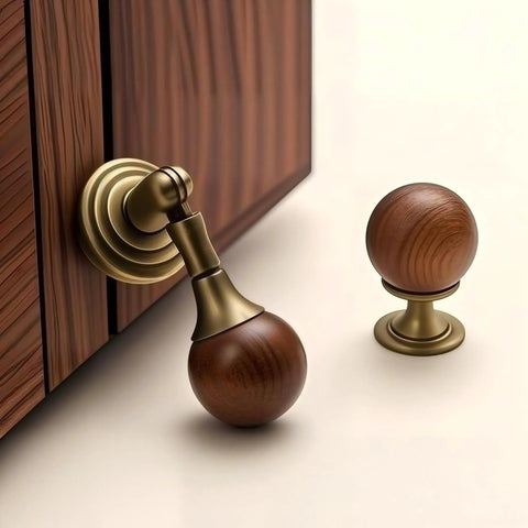 Walnut Wood Drop Pull Handles With Antique Brass Finish For Cabinets And Dressers Vintage Inspired Knobs