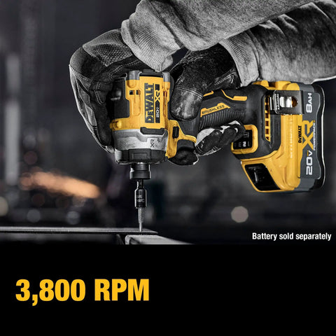 Person using 20V Max XR Cordless Impact Driver Bare Tool With 1 Quarter Inch Hex Chuck High Torque Beast For Tough Jobs Up To Sixty Three Percent Faster Driving Variable Speed Trigger Three Speed Modes Pro Grade Power on metal surface