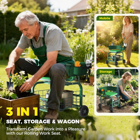 Man using Rolling Garden Stool With Wheels, 360 Degree Swivel Seat And Backrest, Tool Storage Basket, Adjustable Handle in garden