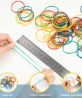 Hands measuring colorful rubber bands with a ruler from 2000 Piece Tie Dye Rubber Band Kit With 200 Pairs Gloves And 200 Sealed Bags.