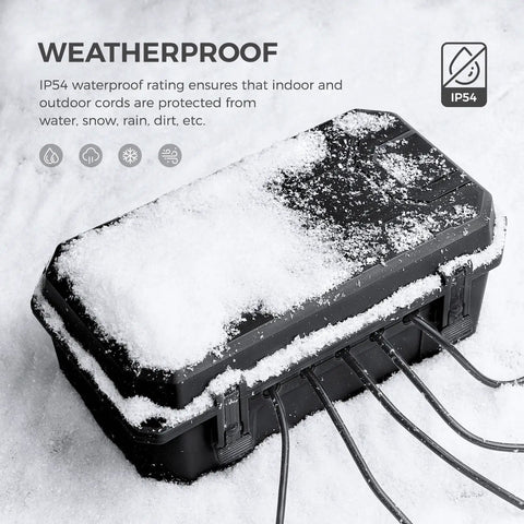 Beefy Heavy Duty Outdoor Electrical Junction Box IP54 Weatherproof Rain Shield featuring rubber gasket seal covered in snow
