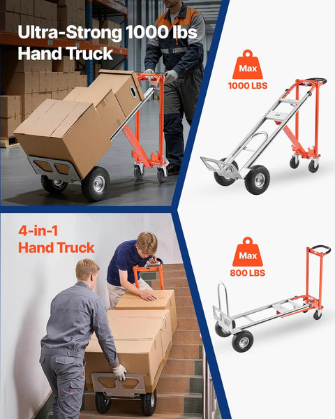 Heavy Duty 4 In 1 Hand Truck Dolly With 1000 Lb Capacity Converts Between 2 Wheel And 4 Wheel Modes Non Slip Handle Aluminum Alloy