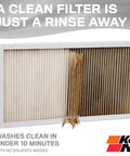 20X20X1 HVAC Filter Washable And Reusable MERV 8 showing rinsed section, emphasizing easy maintenance with text overlay about quick cleaning.