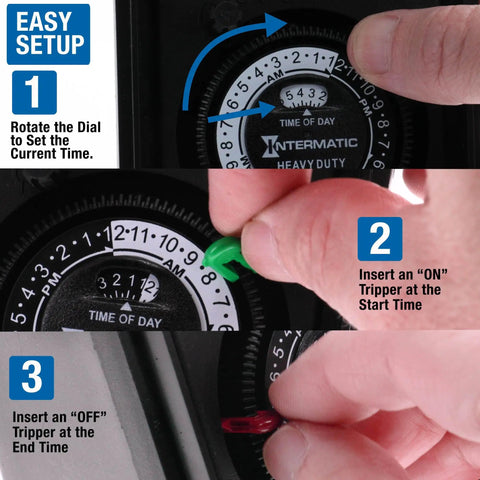 Heavy Duty Outdoor Plug-In Timer Built Tough For Pool Pumps And Yard Lights, showing dial setup and trippers for scheduling.