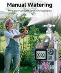 Woman using Two Zone Digital Sprinkler Timer For Garden Hose And Yard Irrigation With Rain Delay No Brainer Easy Setup