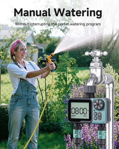 Woman using Two Zone Digital Sprinkler Timer For Garden Hose And Yard Irrigation With Rain Delay No Brainer Easy Setup