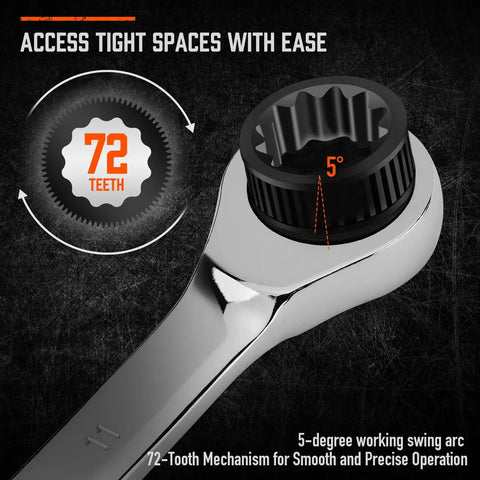 Heavy Duty 13 Piece Metric Ratchet Wrench Set With 72 Tooth Gear And 5 Degree Swing For Tight Spots Chrome Vanadium Steel Construction Wrenches From 6mm To 19mm Includes Handy Storage Rack close-up showing 72-tooth gear and 5° swing