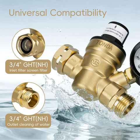 TONDA brass RV water pressure regulator with gauge; 3/4in GHT(NH) inlet/outlet
