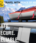 Car with a canoe tied on roof using Heavy Duty Soft Loop Anchors Pack Of 6 For Tie Down Straps And Ratchet Hooks 1.5 Inch By 17 Inch