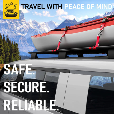 Car with a canoe tied on roof using Heavy Duty Soft Loop Anchors Pack Of 6 For Tie Down Straps And Ratchet Hooks 1.5 Inch By 17 Inch