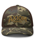 Camouflage baseball cap with Axiom Supply logo, part of the Camp Cruiser Hat For Outdoor Adventures Lightweight Breathable Sun Shield With Adjustable Strap Unisex Baseball Style Cap For Hiking Fishing Camping And Everyday Wear.