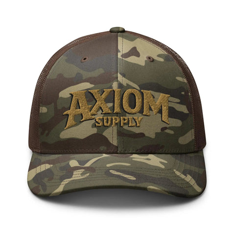 Camouflage baseball cap with Axiom Supply logo, part of the Camp Cruiser Hat For Outdoor Adventures Lightweight Breathable Sun Shield With Adjustable Strap Unisex Baseball Style Cap For Hiking Fishing Camping And Everyday Wear.