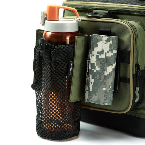 Rugged Tactical Molle Water Bottle Pouch With Carabiner Foldable Mesh Holder attached to a backpack with digital camo accents