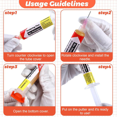 Steps to use 6 Pcs 10Ml No Clean Solder Flux Paste And Wick Kit With Plunger And Dispensing Tips Tacky Soldering Flux