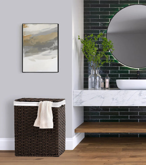 Handwoven Portable Laundry Bin With Carrying Handles Durable Rectangular Hamper In Mocha Brown For Clothes And Linens Water Resistant Steel Frame Easy Transport Perfect Home Organization And Laundry Day beside bathroom sink