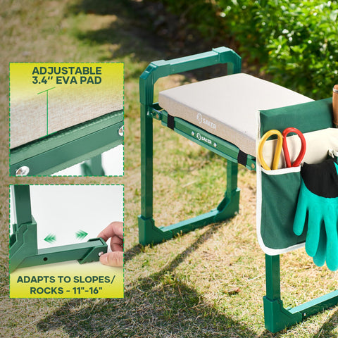 Garden Kneeler And Seat Foldable Gardening Stool with Extendable Legs, Thick Pad, and Tool Storage Bag on grass