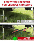 Before and after using X Brace Stabilizer Rear Cross Stand Mounting Bracket For RV Travel Trailer And Fifth Wheel To Cut Sway And Roll Adjustable Ground Feet Beefy Heavy Duty Stabilization For A Solid Stable Campsite Setup, showing reduced vehicle roll and sway.