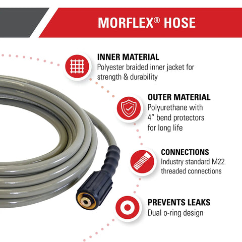 Morflex Series 3300 PSI Pressure Washer Hose for Cold Water Use, 25 Feet, One Quarter Inch Inner Diameter with details