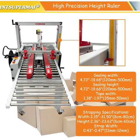 Automatic Carton Sealer And Strapper All In One Box Packing Station with adjustable sealing height and width specifications.