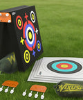 Backyard Archery Target Set 20x20x4 Foam Block With Foldable Self Standing Base, targets, pins, sandbags on grass