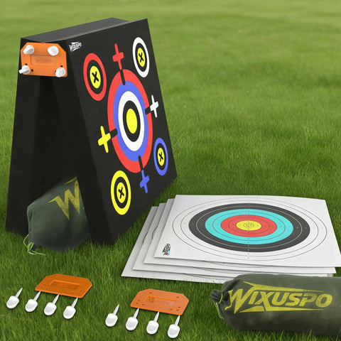 Backyard Archery Target Set 20x20x4 Foam Block With Foldable Self Standing Base, targets, pins, sandbags on grass