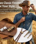 Man in field wearing denim shirt, showcasing 24 Piece Bolo Tie Clasp Kit With Rectangle Slide Clips For Jewelry Making Cord Slider Clasps And Accessories For DIY Western Bolo Tie Craft In Bronze And Platinum Finishes, with two clasp examples displayed.