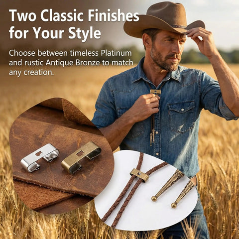 Man in field wearing denim shirt, showcasing 24 Piece Bolo Tie Clasp Kit With Rectangle Slide Clips For Jewelry Making Cord Slider Clasps And Accessories For DIY Western Bolo Tie Craft In Bronze And Platinum Finishes, with two clasp examples displayed.