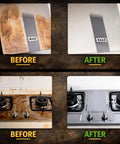 Before and after images showing grease removal on kitchen surfaces using Heavy Duty Handheld Steam Cleaner Cranks Out Blistering Vapor.