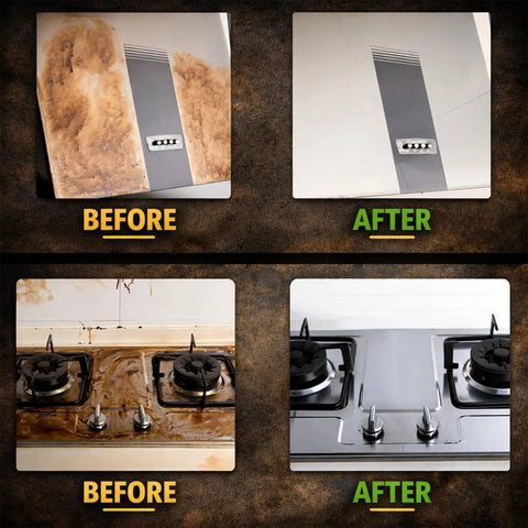 Before and after images showing grease removal on kitchen surfaces using Heavy Duty Handheld Steam Cleaner Cranks Out Blistering Vapor.