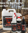 Ultimate Hunter Scent Control Spray And Odor Eliminator For Hunting Gear And Clothing One Gallon synthetic blend bottles displayed outdoors.