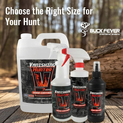 Ultimate Hunter Scent Control Spray And Odor Eliminator For Hunting Gear And Clothing One Gallon synthetic blend bottles displayed outdoors.