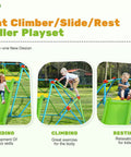 Collage showing children using Climbing Dome With Slide 8Ft Jungle Gym For Backyard, kids sliding, climbing, and resting.